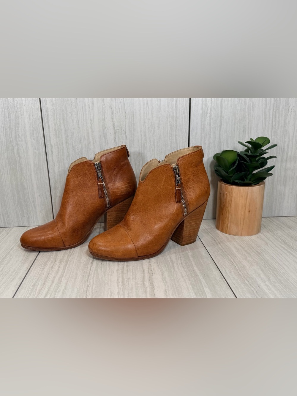 rag & bone Tan Leather Ankle Booties with Side Zippers